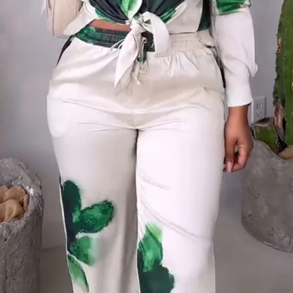 Nicole Green and White Flare Pants with Tropical Leaf Design